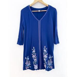 Women's Bohemian Embroidered Shift Dress Blue V Neck Floral Medium